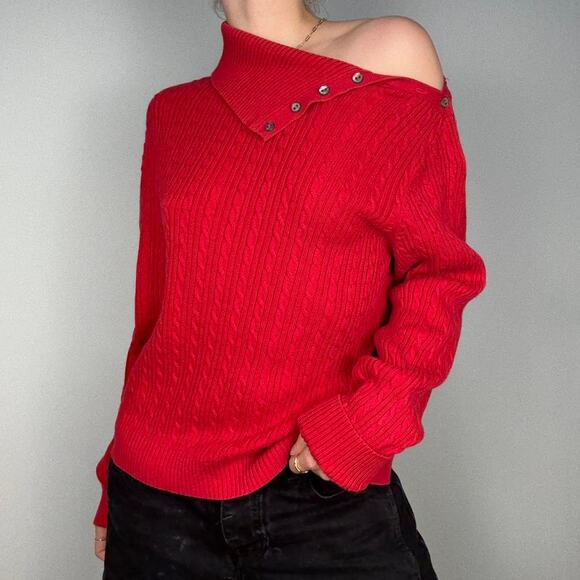 Valerie Stevens red off the shoulder sweater with silver buttons - Picture 3 of 8